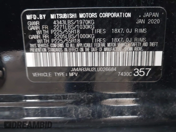 2020 Mitsubishi Outlander Sport ES 2.0 with VIN JA4AR3AU2LU026684, listed as a IAAI auction lot 41251022 with 142,379 mi miles. Bid and sale history available at carsss.com. Image 9.