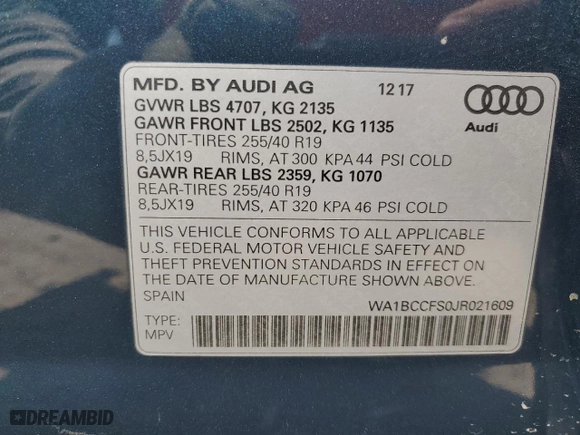 2018 Audi Q3 Premium with VIN WA1BCCFS0JR021609, listed as a Copart auction lot 52303895 with 63,611 mi miles and Salvage Title. Bid and sale history available at carsss.com. Image 16.