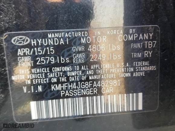 2015 Hyundai Azera Limited with VIN KMHFH4JG8FA482981, listed as a Copart auction lot 51504175 with 145,670 mi miles and Salvage Title. Bid and sale history available at carsss.com. Image 12.