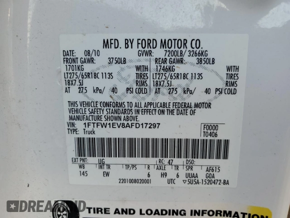 2010 Ford F-150 XL with VIN 1FTFW1EV8AFD17297, listed as a Copart auction lot 51371105 with 175,385 mi miles and Salvage Title. Bid and sale history available at carsss.com. Image 12.
