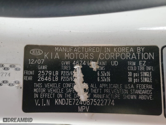 2008 Kia Sportage LX with VIN KNDJE724087522774, listed as a Copart auction lot 49913465 with 115,392 mi miles and Salvage Title. Bid and sale history available at carsss.com. Image 13.