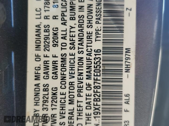2015 Honda Civic EX z VIN 19XFB2F87FE055316, wystawiony jako Copart lot #54130135 z przebiegiem 136 284 mil mil oraz Szkoda całkowita • Salvage title. Historia ofert i sprzedaży dostępna na DreamBid. Obrazek 12.
