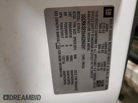 2010 Chevrolet Silverado 1500 LT with VIN 3GCRKSE39AG266291, listed as a Copart auction lot 46483675 with 199,823 mi miles and Salvage Title. Bid and sale history available at DreamBid. Image 12.