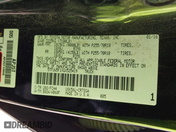 2016 Toyota Tundra 4WD Truck SR with VIN 5TFUW5F1XGX525419, listed as a IAAI auction lot 41460439 with 78,260 mi miles. Bid and sale history available at carsss.com. Image 9.