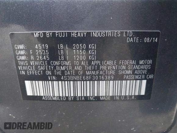 2015 Subaru Legacy Premium with VIN 4S3BNBE68F3016389, listed as a IAAI auction lot 42583160 with 195,118 mi miles and . Bid and sale history available at DreamBid. Image 9.