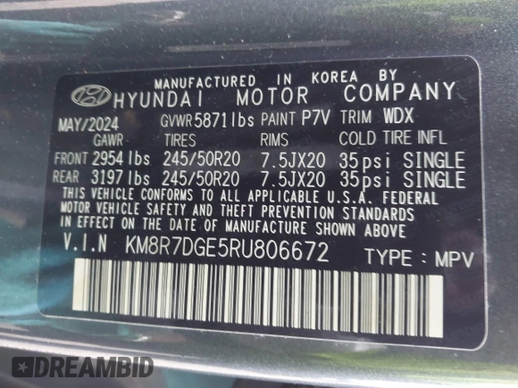 2024 Hyundai Palisade Calligraphy z VIN KM8R7DGE5RU806672, wystawiony jako IAAI lot #42119069 z przebiegiem 8 325 mil mil oraz . Historia ofert i sprzedaży dostępna na DreamBid. Obrazek 9.