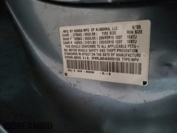 2006 Honda Odyssey EX-L with VIN 5FNRL38646B000103, listed as a Copart auction lot 49011715 with 240,268 mi miles and Salvage Title. Bid and sale history available at carsss.com. Image 15.