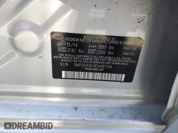 2014 Hyundai Elantra SE with VIN 5NPDH4AEXEH481154, listed as a Copart auction lot 63618325 with 113,439 mi miles and Salvage title. Bid and sale history available at DreamBid. Image 12.