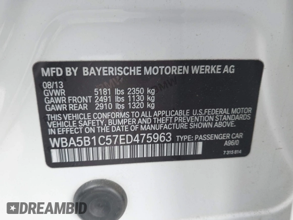 2014 BMW 5 Series 535i with VIN WBA5B1C57ED475963, listed as a IAAI auction lot 41914997 with 92,037 mi miles and . Bid and sale history available at DreamBid. Image 9.