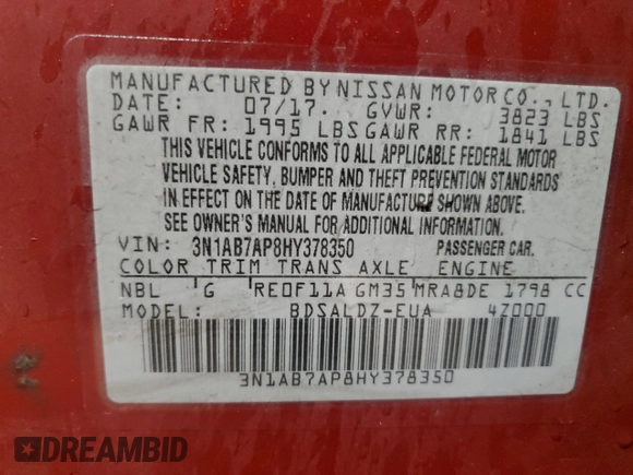2017 Nissan Sentra SR with VIN 3N1AB7AP8HY378350, listed as a Copart auction lot 41604515 with 189,662 mi miles and Non repairable. Bid and sale history available at DreamBid. Image 13.