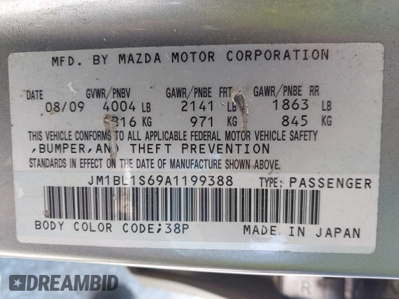 2010 Mazda 3 S Grand Touring with VIN JM1BL1S69A1199388, listed as a IAAI auction lot 41993801 with 192,521 mi miles and . Bid and sale history available at carsss.com. Image 9.