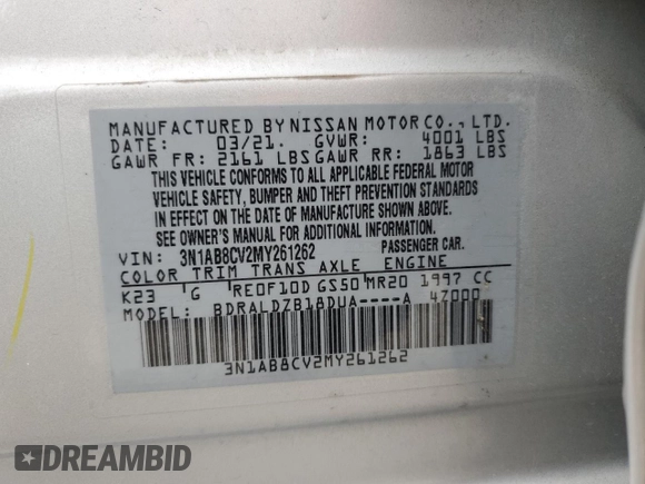 2021 Nissan Sentra SV with VIN 3N1AB8CV2MY261262, listed as a Copart auction lot 53751535 with 53,338 mi miles and Non Repairable. Bid and sale history available at DreamBid. Image 12.