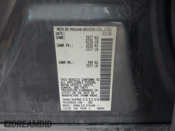 2017 Nissan Altima S with VIN 1N4AL3AP9HC153159, listed as a IAAI auction lot 41904497 with 132,495 mi miles and . Bid and sale history available at DreamBid. Image 9.