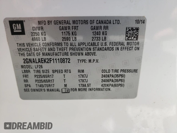2015 Chevrolet Equinox LS with VIN 2GNALAEK2F1110872, listed as a Copart auction lot 53305095 with 69,186 mi miles and Salvage Title. Bid and sale history available at DreamBid. Image 14.