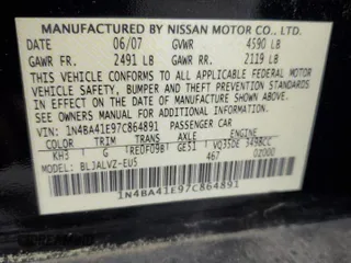2007 Nissan Maxima 3.5 SE with VIN 1N4BA41E97C864891, listed as a Copart auction lot 53215075 with 0 mi miles and Clean Title. Bid and sale history available at carsss.com. Image 12.