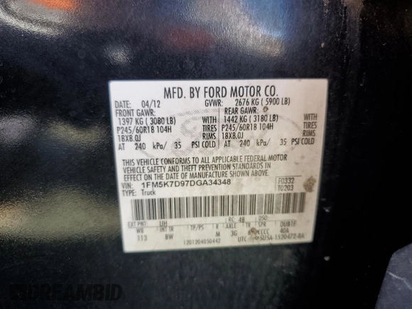 2013 Ford Explorer XLT z VIN 1FM5K7D97DGA34348, wystawiony jako Copart lot #56714925 z przebiegiem 105 055 mil mil oraz Szkoda całkowita • Salvage title. Historia ofert i sprzedaży dostępna na DreamBid. Obrazek 13.