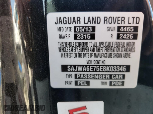 2014 Jaguar F-Type V6 with VIN SAJWA6E75E8K03346, listed as a Copart auction lot 69998944 with Not Provided miles and Salvage Title. Bid and sale history available at DreamBid. Image 13.