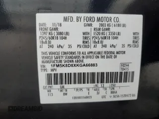 2019 Ford Explorer XLT с VIN 1FM5K8D8XKGA66883, выставлен на аукционе Copart как лот 58718555 с пробегом Не указан миль и Списание • Salvage title. История ставок и продаж доступна на DreamBid. Изображение 13.