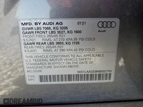 2022 Audi e-tron Premium Plus with VIN WA1LAAGE8NB002750, listed as a Copart auction lot 57163615 with 50,009 mi miles and Salvage title. Bid and sale history available at DreamBid. Image 13.
