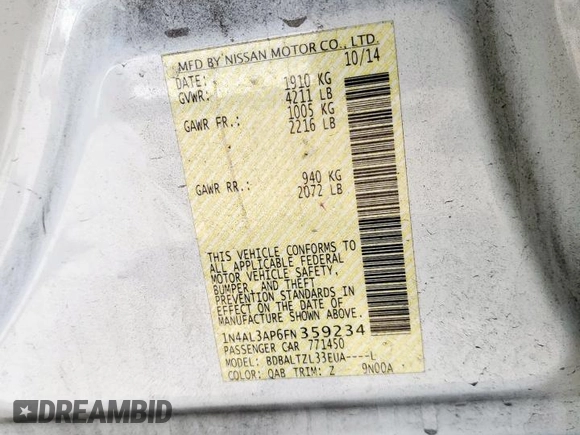 2015 Nissan Altima SL z VIN 1N4AL3AP6FN359234, wystawiony jako Copart lot #59177085 z przebiegiem 107 114 mil mil oraz Szkoda całkowita • Salvage title. Historia ofert i sprzedaży dostępna na DreamBid. Obrazek 12.