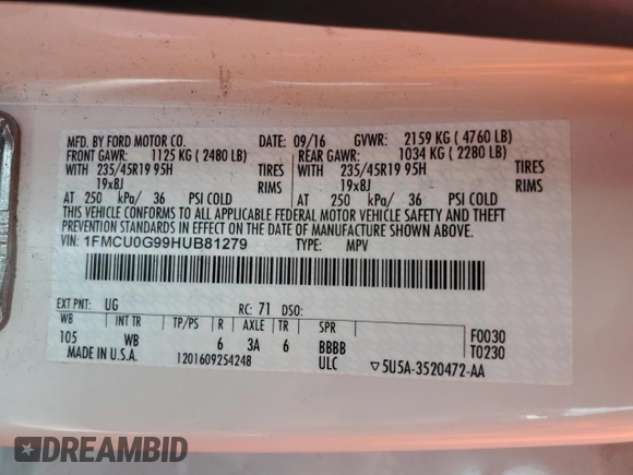 2017 Ford Escape SE with VIN 1FMCU0G99HUB81279, listed as a Copart auction lot 49068195 with 63,039 mi miles and Salvage Title. Bid and sale history available at DreamBid. Image 13.