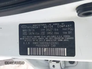 2016 Hyundai Accent SE z VIN KMHCT4AE6GU123161, wystawiony jako IAAI lot #39972957 z przebiegiem 133 416 mil mil oraz . Historia ofert i sprzedaży dostępna na DreamBid. Obrazek 9.
