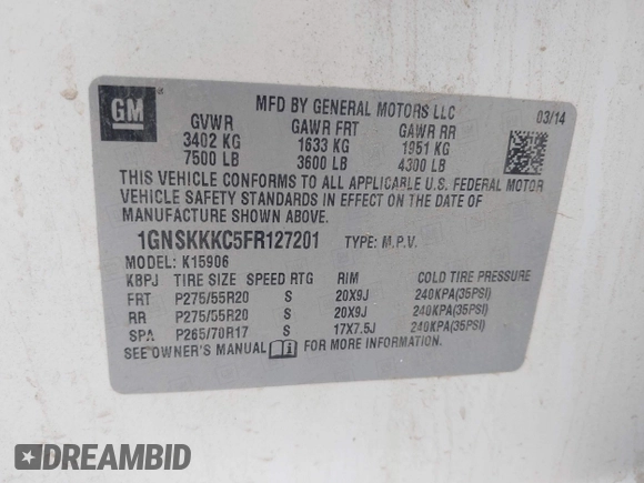 2015 Chevrolet Suburban LTZ with VIN 1GNSKKKC5FR127201, listed as a IAAI auction lot 41706562 with 151,644 mi miles and . Bid and sale history available at DreamBid. Image 9.