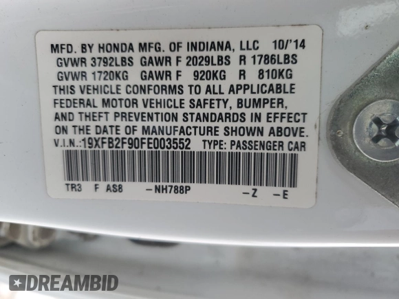 2015 Honda Civic EX-L with VIN 19XFB2F90FE003552, listed as a Copart auction lot 48020205 with 129,021 mi miles and Salvage Title. Bid and sale history available at DreamBid. Image 14.