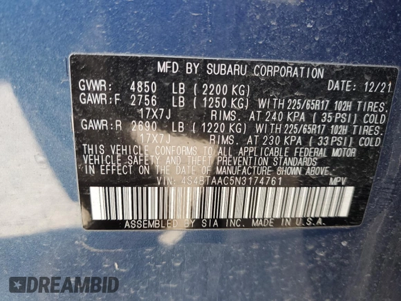 2022 Subaru Outback with VIN 4S4BTAAC5N3174761, listed as a Copart auction lot 50934815 with Not provided miles and Salvage title. Bid and sale history available at DreamBid. Image 12.