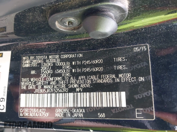 2015 Toyota 4Runner Limited with VIN JTEBU5JR7F5256392, listed as a IAAI auction lot 42114669 with 201,644 mi miles and . Bid and sale history available at DreamBid. Image 9.