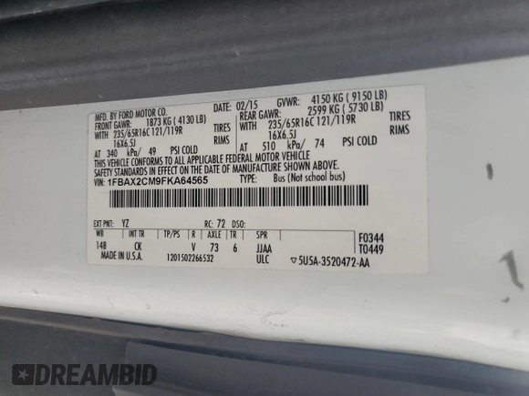2015 Ford Transit XL z VIN 1FBAX2CM9FKA64565, wystawiony jako Copart lot #52207435 z przebiegiem 186 751 mil mil oraz Szkoda całkowita • Salvage title. Historia ofert i sprzedaży dostępna na DreamBid. Obrazek 14.