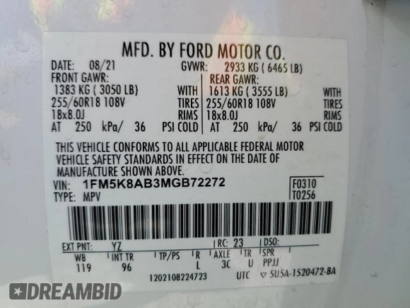 2021 Ford Police Interceptor Utility z VIN 1FM5K8AB3MGB72272, wystawiony jako Copart lot #53368115 z przebiegiem 55 137 mil mil oraz Szkoda całkowita • Salvage title. Historia ofert i sprzedaży dostępna na DreamBid. Obrazek 13.