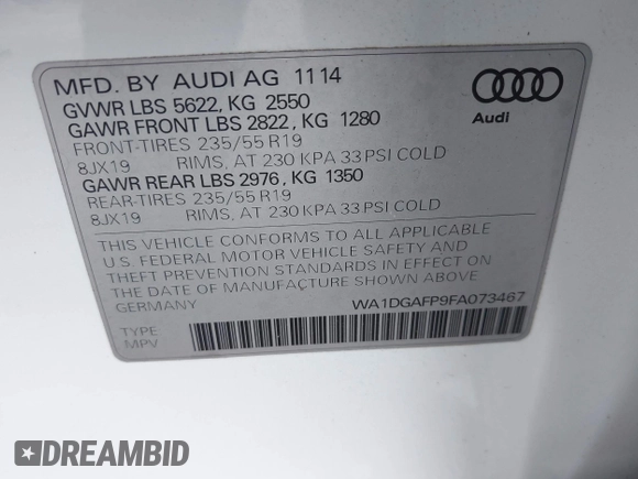 2015 Audi Q5 Premium Plus with VIN WA1DGAFP9FA073467, listed as a IAAI auction lot 42556821 with 157,253 mi miles and . Bid and sale history available at DreamBid. Image 9.