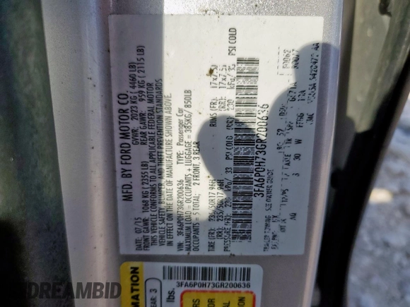 2016 Ford Fusion SE with VIN 3FA6P0H73GR200636, listed as a Copart auction lot 59938095 with 207,162 mi miles and Salvage title. Bid and sale history available at DreamBid. Image 13.