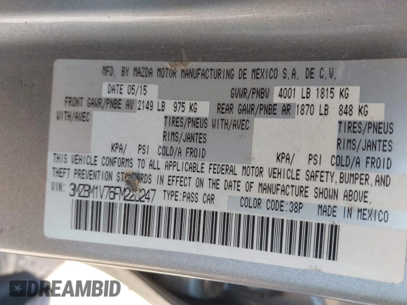 2015 Mazda 3 i Touring with VIN 3MZBM1V76FM226247, listed as a IAAI auction lot 42203097 with 87,036 mi miles and . Bid and sale history available at DreamBid. Image 9.