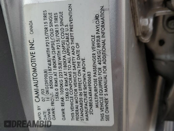2004 Chevrolet Tracker LT z VIN 2CNBE634X46900683, wystawiony jako Copart lot #88601815 z przebiegiem 146 915 mil mil oraz Szkoda całkowita • Salvage title. Historia ofert i sprzedaży dostępna na DreamBid. Obrazek 15.