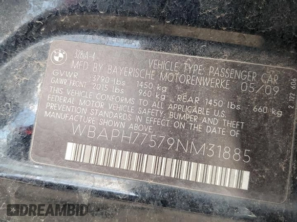 2009 BMW 3 Series 328i with VIN WBAPH77579NM31885, listed as a Copart auction lot 85668814 with Not provided miles and Salvage title. Bid and sale history available at DreamBid. Image 12.
