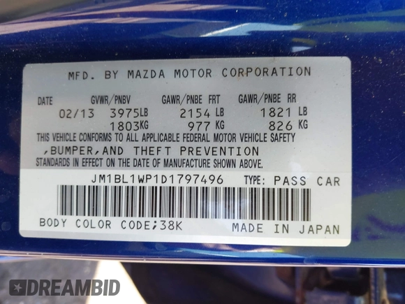2013 Mazda 3 i Grand Touring with VIN JM1BL1WP1D1797496, listed as a IAAI auction lot 42166470 with 144,025 mi miles and . Bid and sale history available at DreamBid. Image 9.