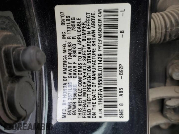 2008 Honda Civic LX z VIN 1HGFA16508L011429, wystawiony jako Copart lot #54947415 z przebiegiem 55 895 mil mil oraz Szkoda całkowita • Salvage title. Historia ofert i sprzedaży dostępna na DreamBid. Obrazek 12.