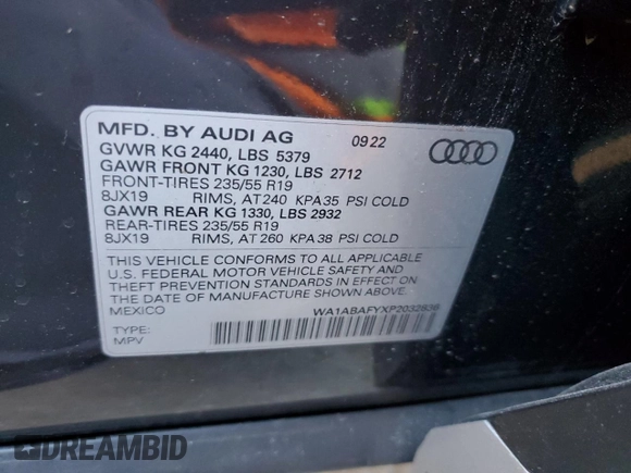 2023 Audi Q5 Premium with VIN WA1ABAFYXP2032836, listed as a Copart auction lot 46546055 with 0 mi miles and Clean Title. Bid and sale history available at carsss.com. Image 13.