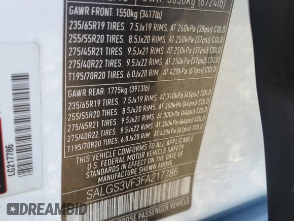 2015 Land Rover Range Rover with VIN SALGS3VF3FA217786, listed as a Copart auction lot 79702883 with 84,373 mi miles and . Bid and sale history available at DreamBid. Image 14.
