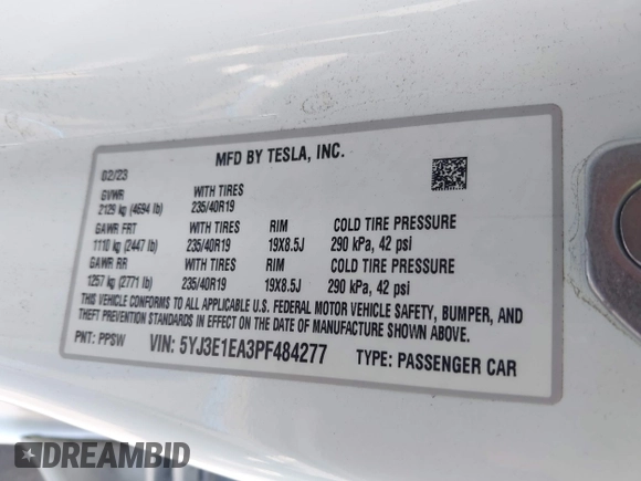 2023 Tesla Model 3 с VIN 5YJ3E1EA3PF484277, выставлен на аукционе IAAI как лот 42558827 с пробегом 38 641 миль миль и . История ставок и продаж доступна на DreamBid. Изображение 9.