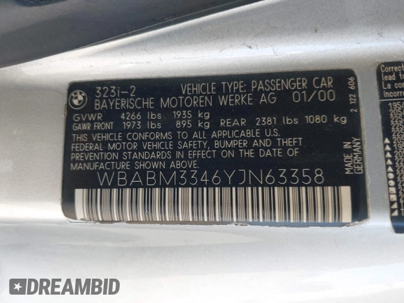 2000 BMW 3 Series 323Ci with VIN WBABM3346YJN63358, listed as a IAAI auction lot 42177145 with 25,361 mi miles and . Bid and sale history available at carsss.com. Image 9.