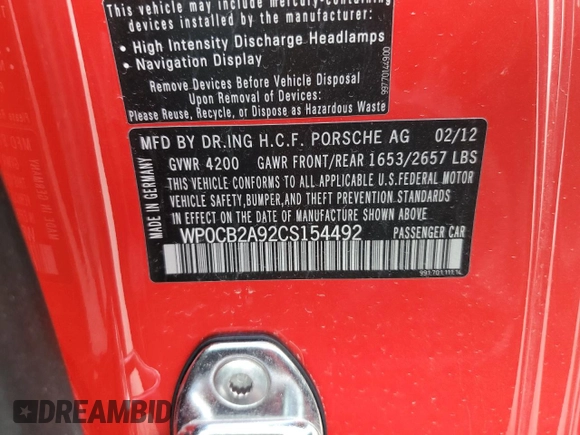 2012 Porsche 911 Carrera S with VIN WP0CB2A92CS154492, listed as a Copart auction lot 74218184 with Not Provided miles and Salvage Title. Bid and sale history available at DreamBid. Image 13.