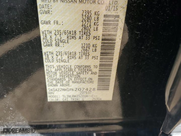 2015 Nissan Murano Platinum with VIN 5N1AZ2MH1FN207428, listed as a Copart auction lot 51201245 with 116,742 mi miles and Salvage Title. Bid and sale history available at carsss.com. Image 13.