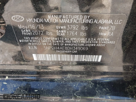 2013 Hyundai Elantra Limited with VIN 5NPDH4AE8DH349069, listed as a IAAI auction lot 41931346 with 232,423 mi miles and . Bid and sale history available at DreamBid. Image 9.