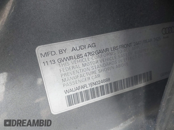 2014 Audi A4 Premium z VIN WAUAFAFL1EN024888, wystawiony jako IAAI lot #41733326 z przebiegiem 117 232 mil mil oraz . Historia ofert i sprzedaży dostępna na DreamBid. Obrazek 9.