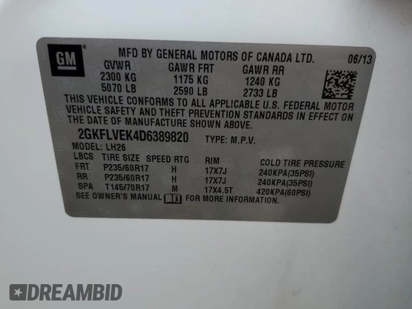 2013 GMC Terrain SLT with VIN 2GKFLVEK4D6389820, listed as a Copart auction lot 52889215 with 136,198 mi miles and Salvage title. Bid and sale history available at DreamBid. Image 13.
