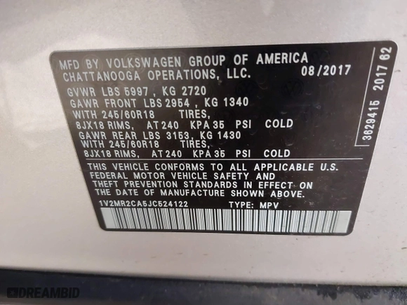 2018 Volkswagen Atlas 3.6L V6 SEL with VIN 1V2MR2CA5JC524122, listed as a IAAI auction lot 41805968 with 45,876 mi miles. Bid and sale history available at carsss.com. Image 9.