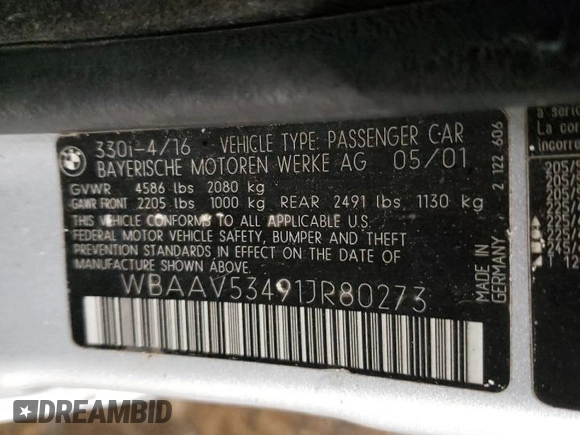 2001 BMW 3 Series 330i with VIN WBAAV53491JR80273, listed as a Copart auction lot 85076974 with 0 mi miles and Salvage Title. Bid and sale history available at carsss.com. Image 12.
